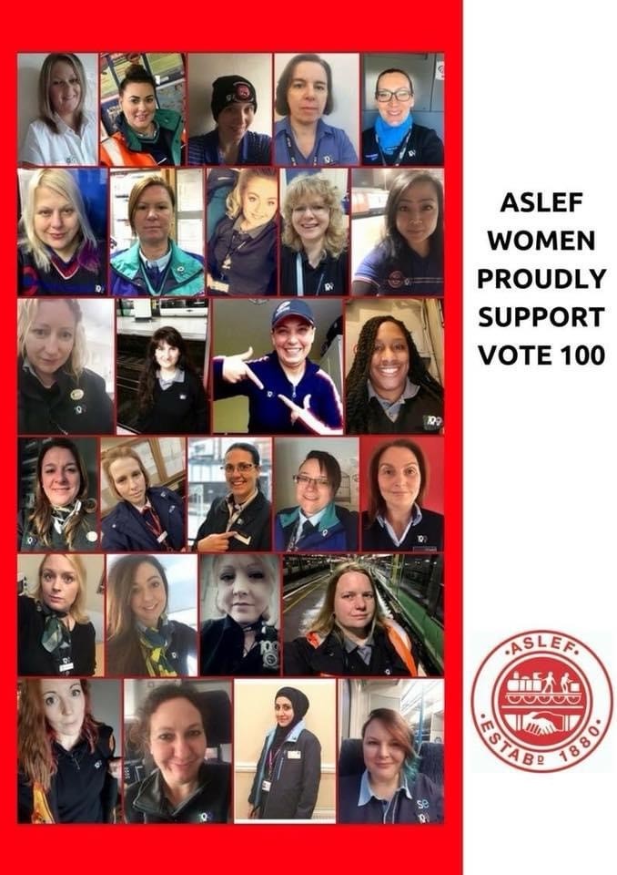 A collage of images of women train drivers, next to the words 'ASLEF women proudly support Vote 100' and an ASLEF logo